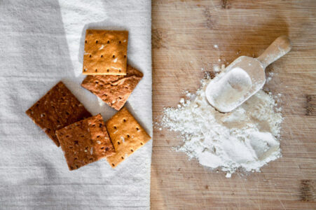 Cricket insect crackers snack and cricket flour for eating as fo